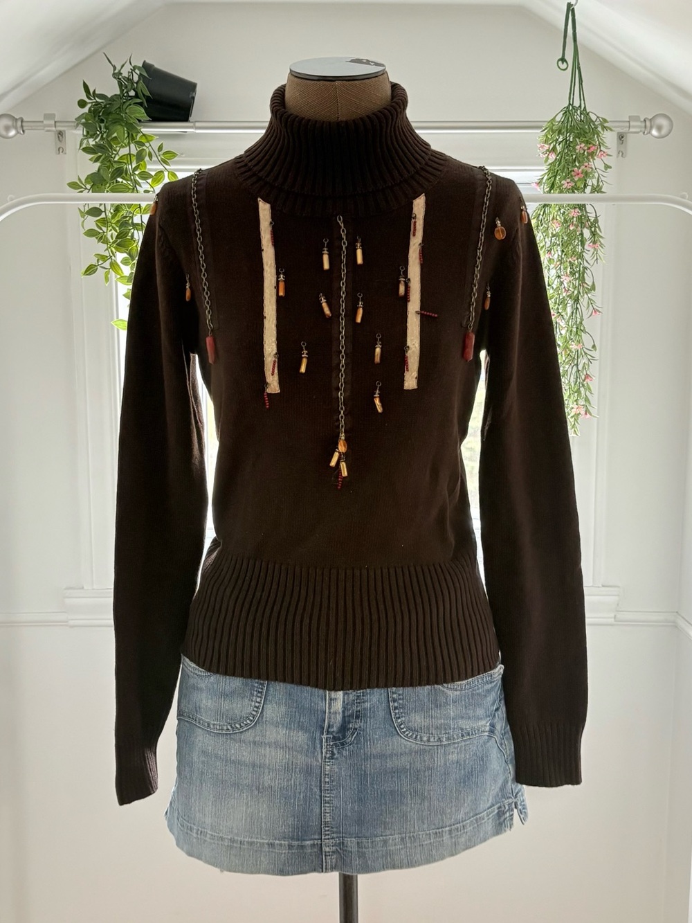 SPANNER Brown Turtleneck Sweater with Bead and Cord Accents